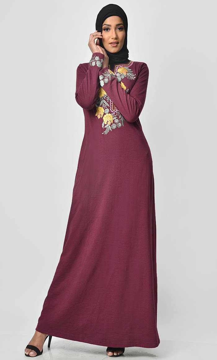 Floral Garden Embroidered Abaya - Maroon - EastEssence.com