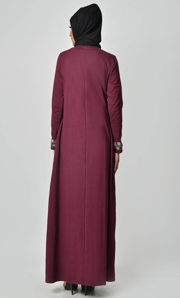 Floral Garden Embroidered Abaya - Maroon - EastEssence.com