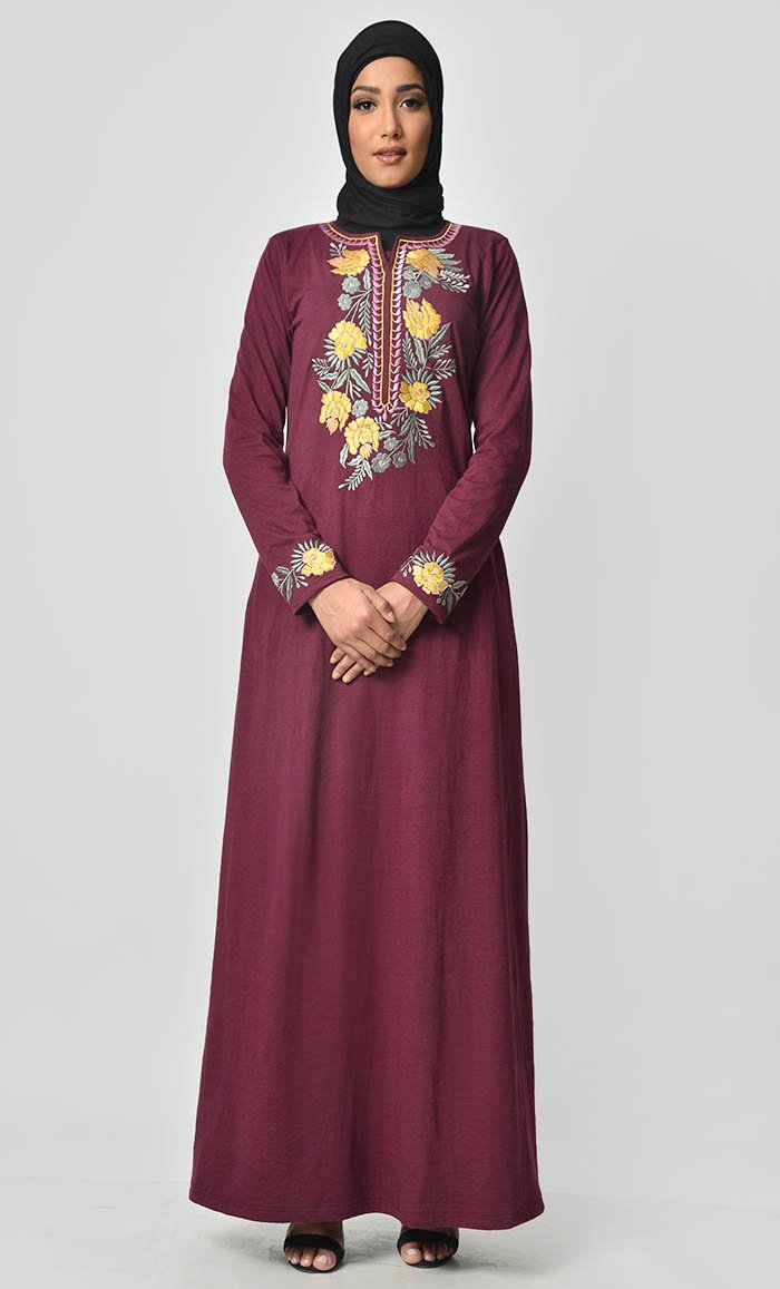 Floral Garden Embroidered Abaya - Maroon - EastEssence.com