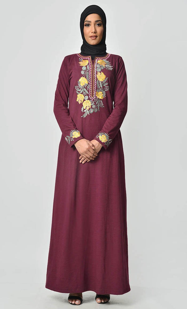 Floral Garden Embroidered Abaya - Maroon - EastEssence.com