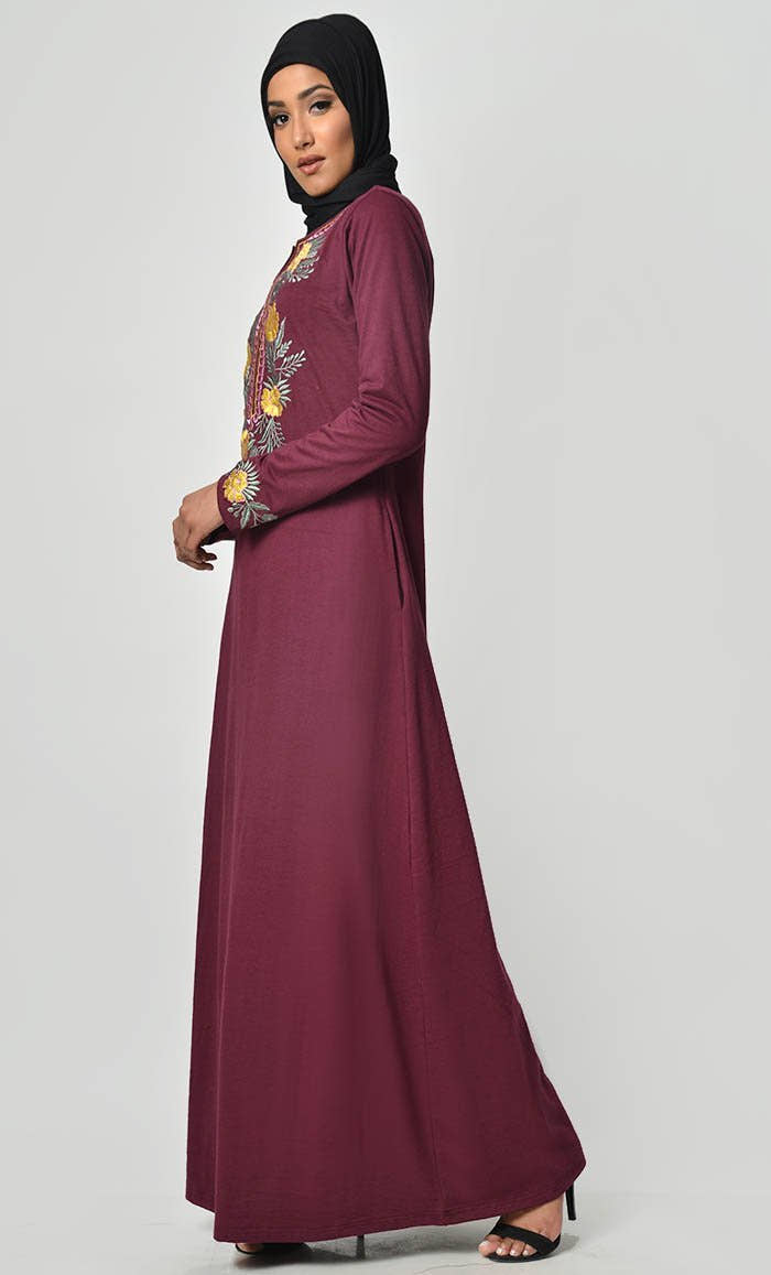Floral Garden Embroidered Abaya - Maroon - EastEssence.com