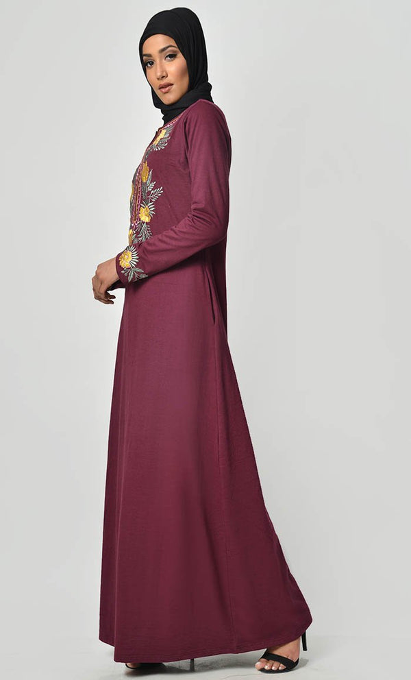 Floral Garden Embroidered Abaya - Maroon - EastEssence.com