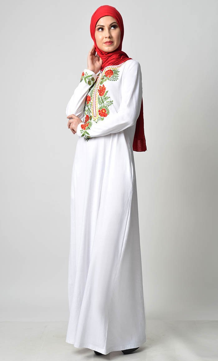 Floral Garden Embroidered Abaya - White - EastEssence.com