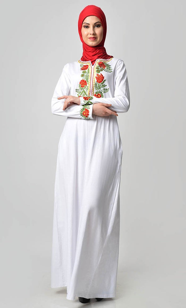 Floral Garden Embroidered Abaya - White - EastEssence.com