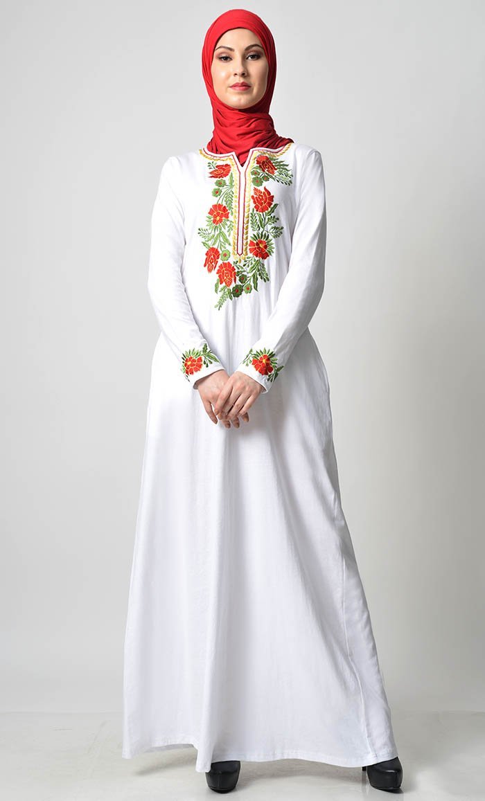 Floral Garden Embroidered Abaya - White - EastEssence.com