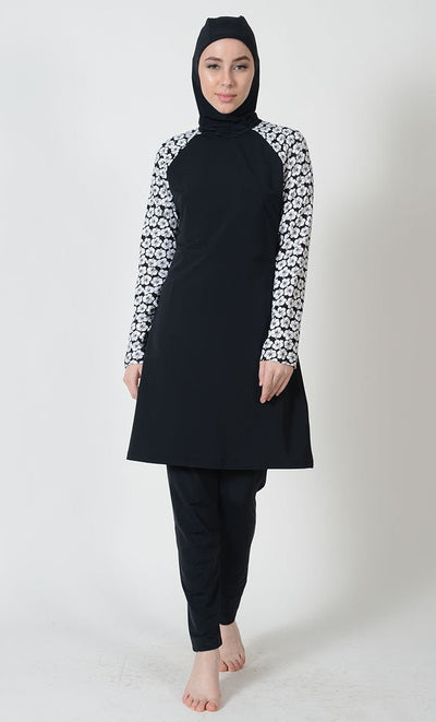 Floral Printed Sleeves A Line Burkini Swimwear Three Piece Set - EastEssence.com