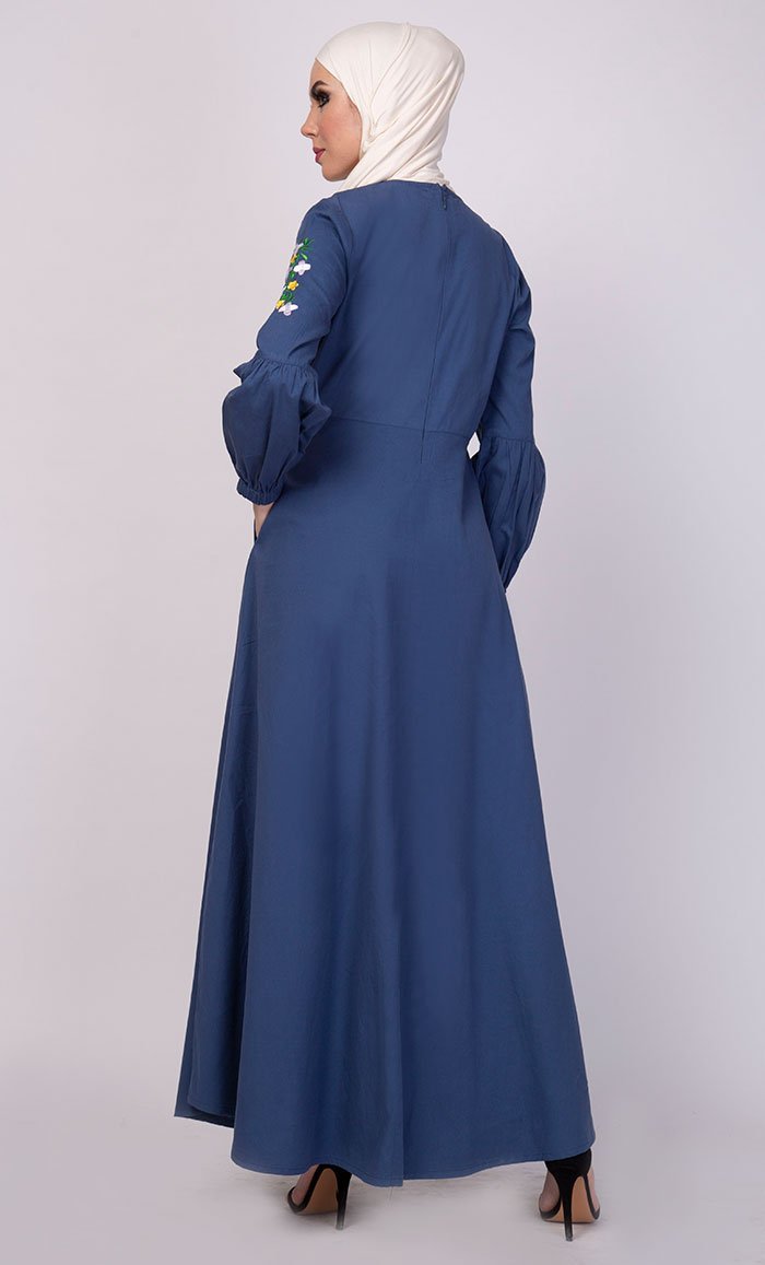 Floral Thread Embroidered Everyday Abaya Dress - EastEssence.com