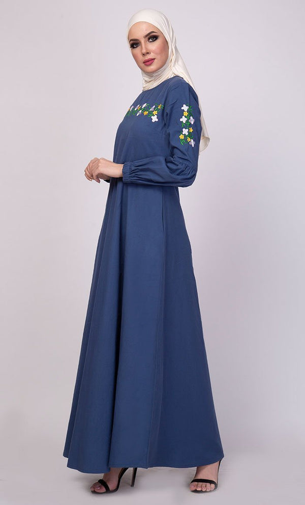 Floral Thread Embroidered Everyday Abaya Dress - EastEssence.com