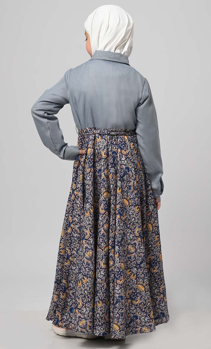 Formal Grey Chambrey Girl'S Modest Muslim Printed Abaya - EastEssence.com