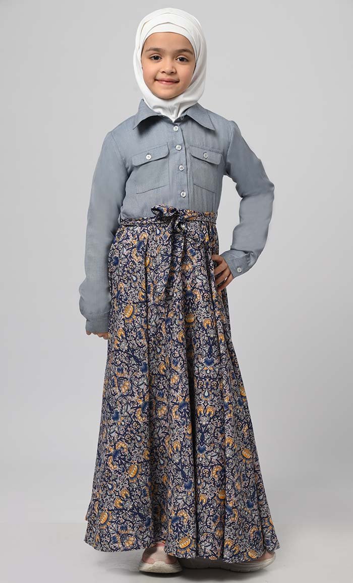 Formal Grey Chambrey Girl'S Modest Muslim Printed Abaya - EastEssence.com