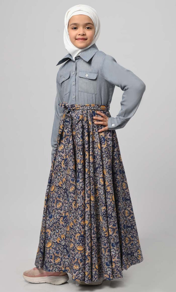 Formal Grey Chambrey Girl'S Modest Muslim Printed Abaya - EastEssence.com
