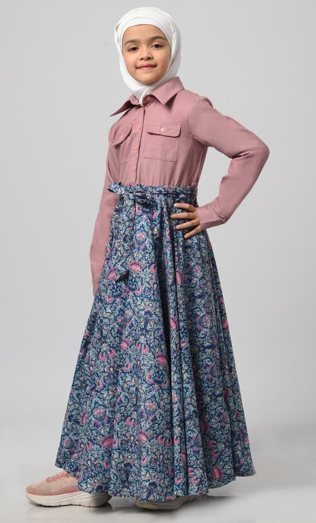 Formal Pink Chambrey Girl'S Modest Muslim Printed Abaya - EastEssence.com