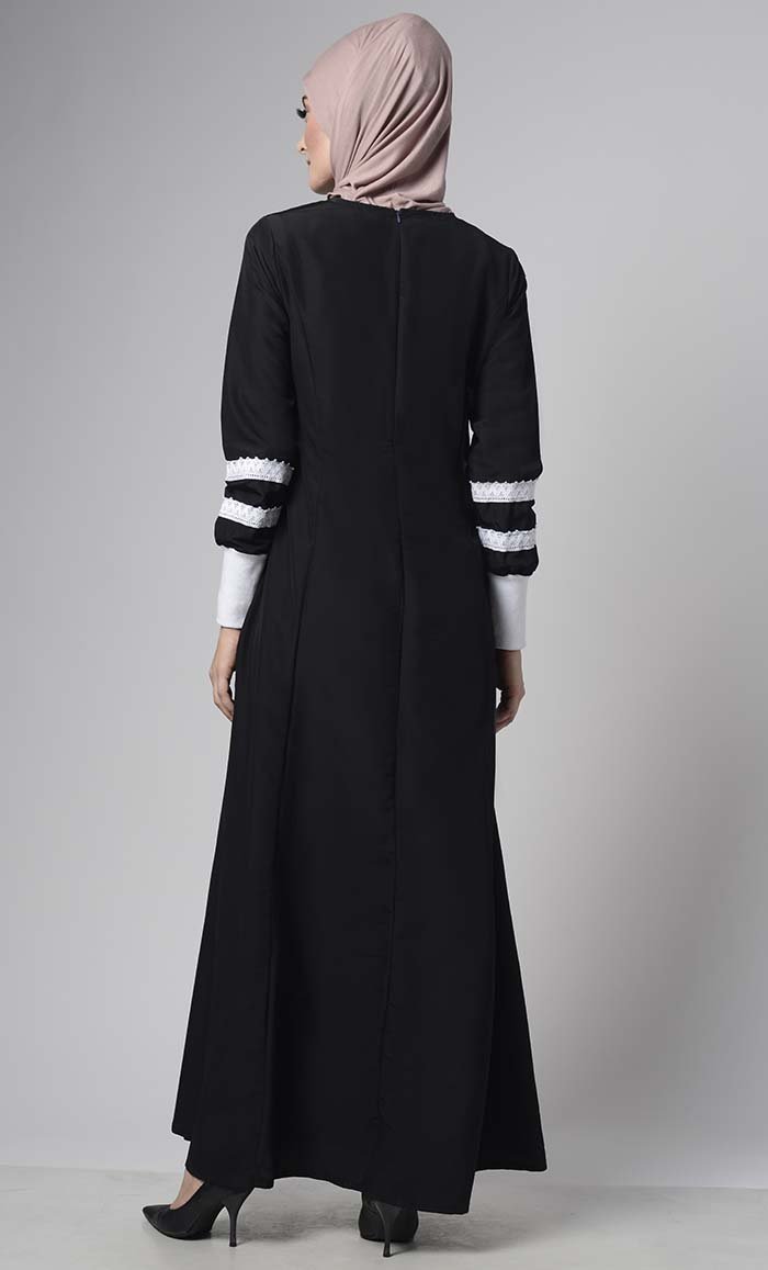 Front Delicate Lace Adorned Abaya - EastEssence.com