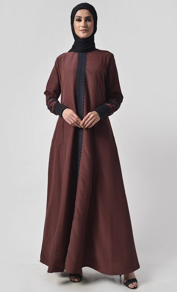 Front Delicate Lace Adorned Abaya - EastEssence.com