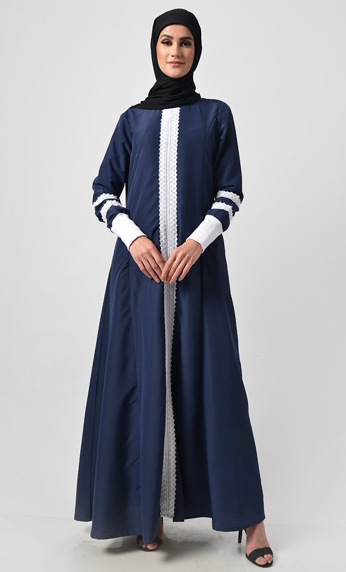 Front Delicate Lace Adorned Abaya - EastEssence.com