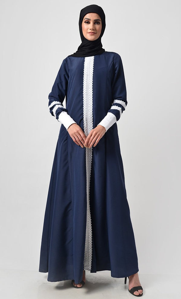 Front Delicate Lace Adorned Abaya - EastEssence.com