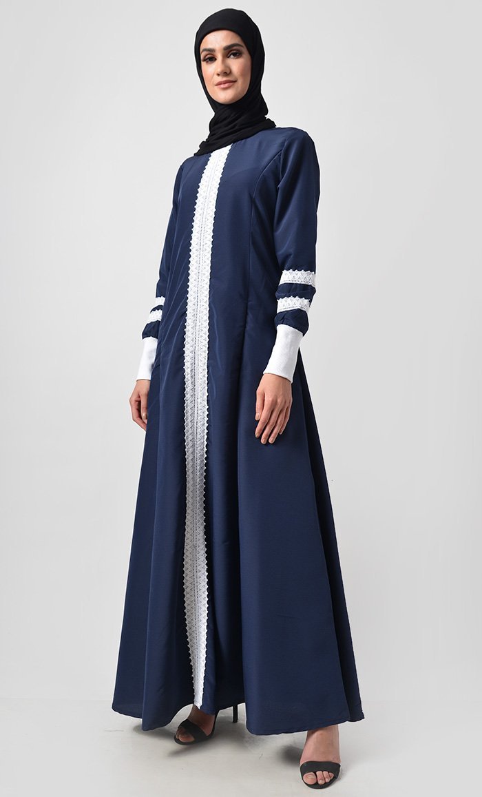 Front Delicate Lace Adorned Abaya - EastEssence.com