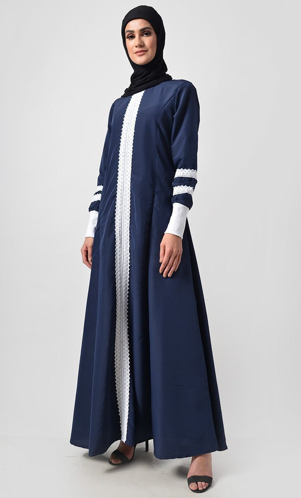 Front Delicate Lace Adorned Abaya - EastEssence.com