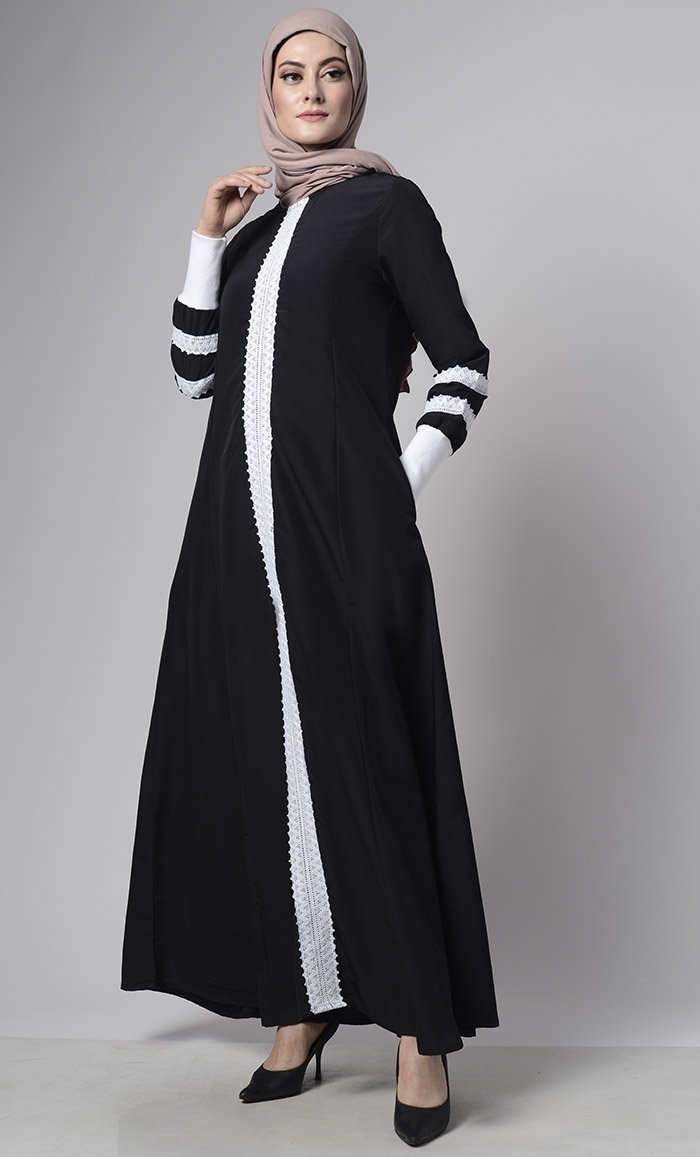 Front Delicate Lace Adorned Abaya - EastEssence.com
