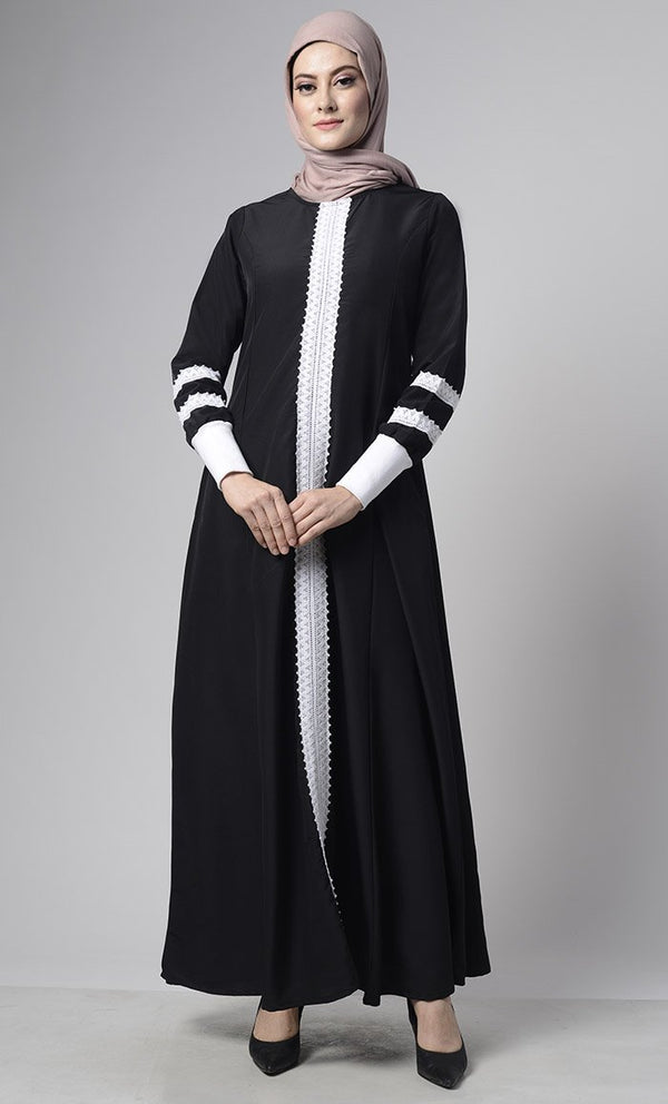 Front Delicate Lace Adorned Abaya - EastEssence.com