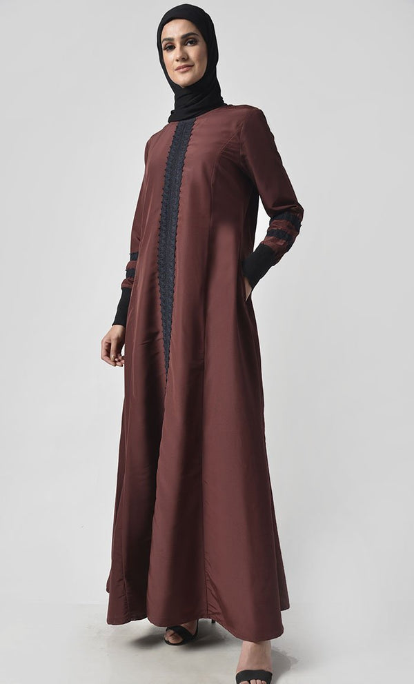 Front Delicate Lace Adorned Abaya - EastEssence.com