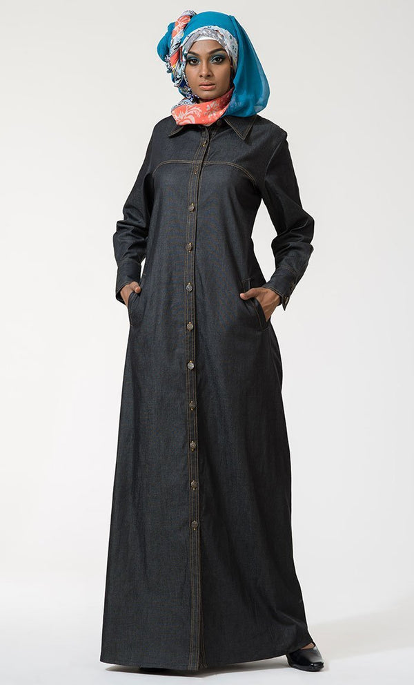 Front Open Button Down Denim Jilbab Abaya - EastEssence.com
