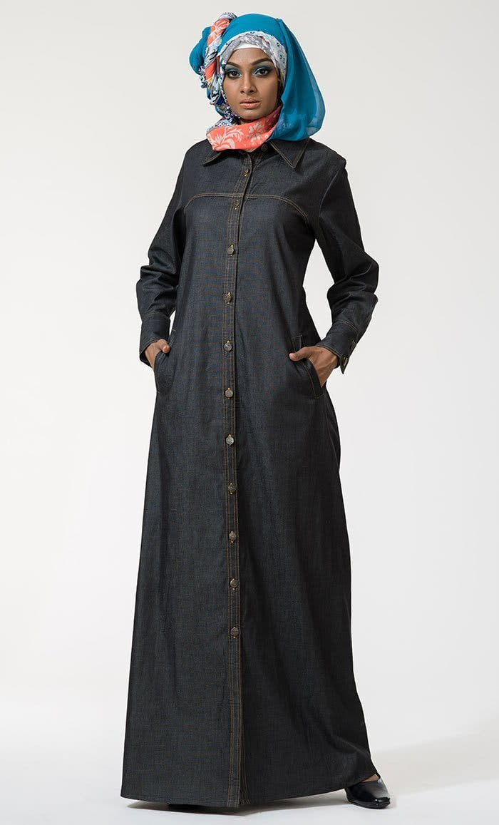 Jilbab Abaya en jean boutonné ouvert sur le devant