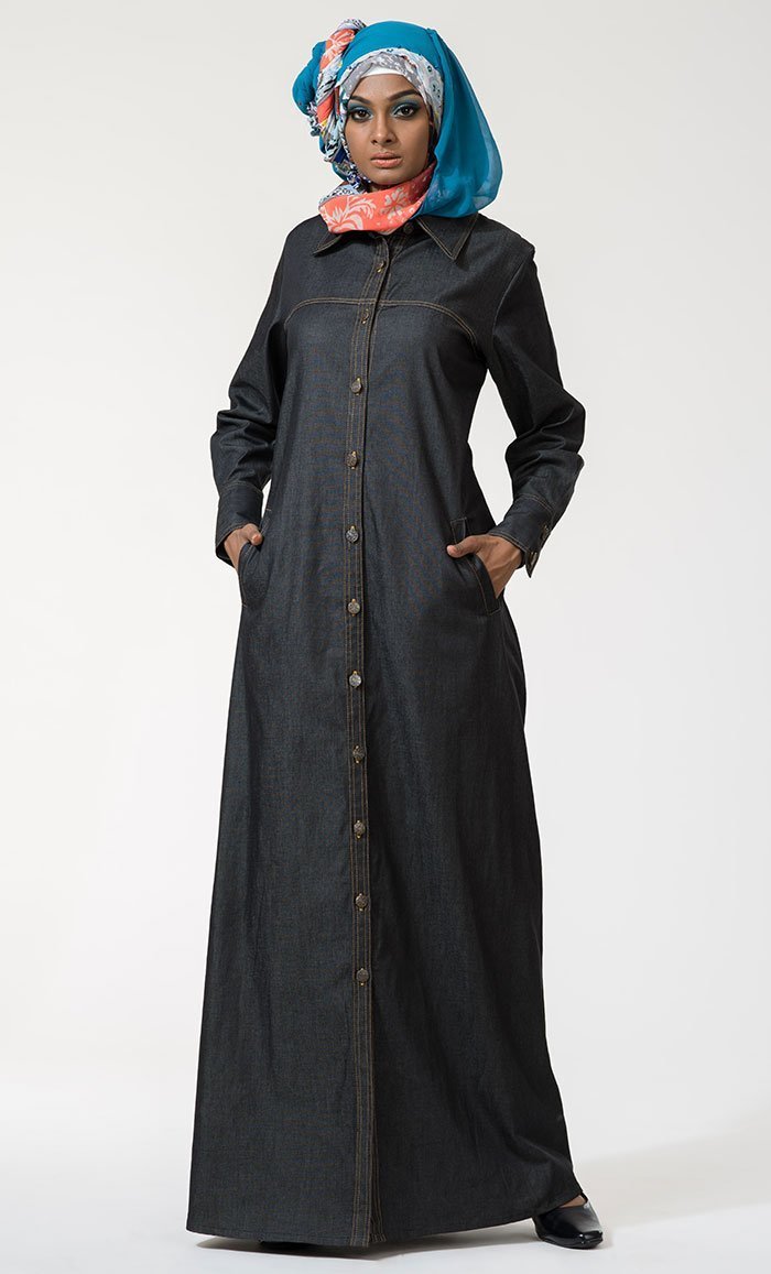 Front Open Button Down Denim Jilbab Abaya - EastEssence.com