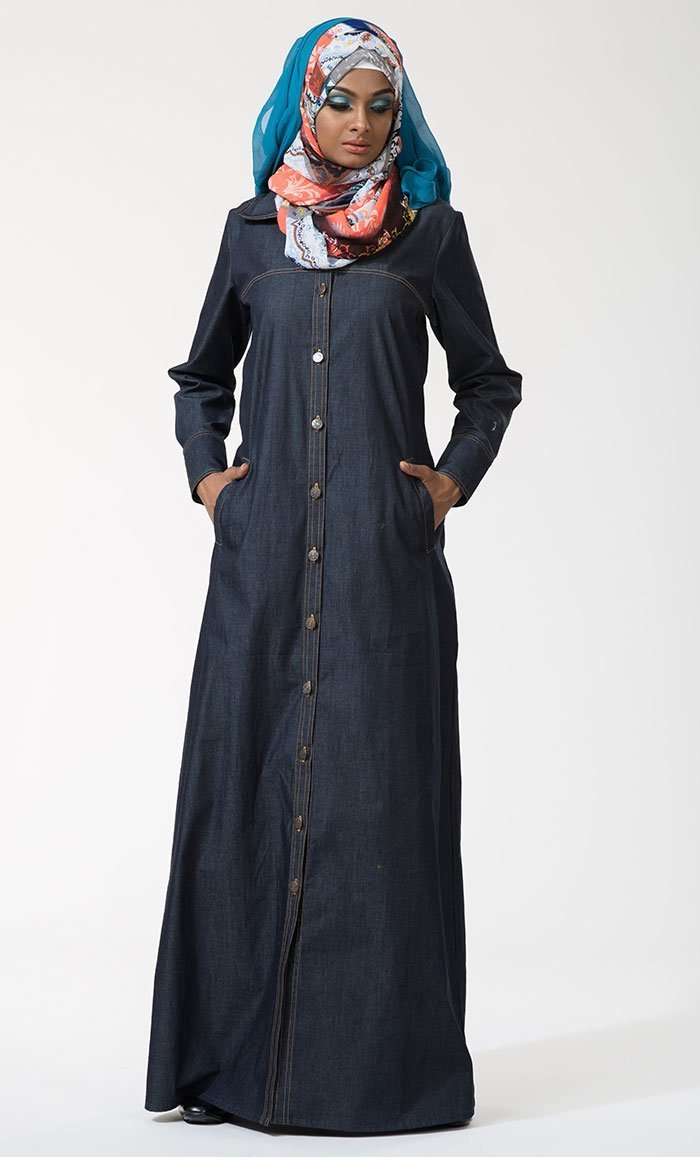 Front Full Zip Up Denim Abaya Front Zipper Abaya Jeans Abaya For Her –