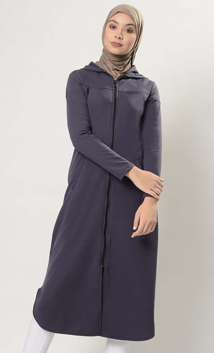 Front Open Extra Long Zipper Hoodie Tunic - EastEssence.com