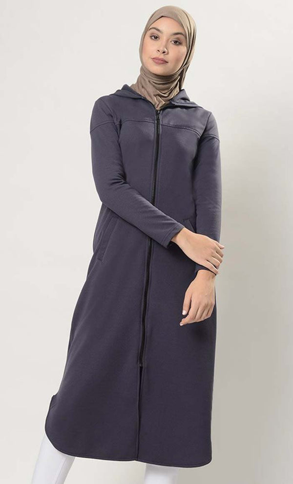 Front Open Extra Long Zipper Hoodie Tunic - EastEssence.com