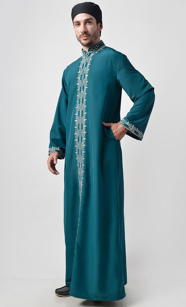 Front With Ancient Motifs Embroidered Thobe - EastEssence.com