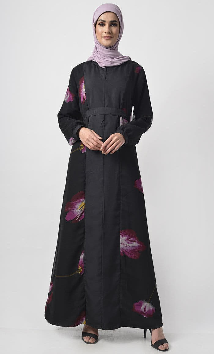 Abaya à panneau imprimé sur le devant avec poches