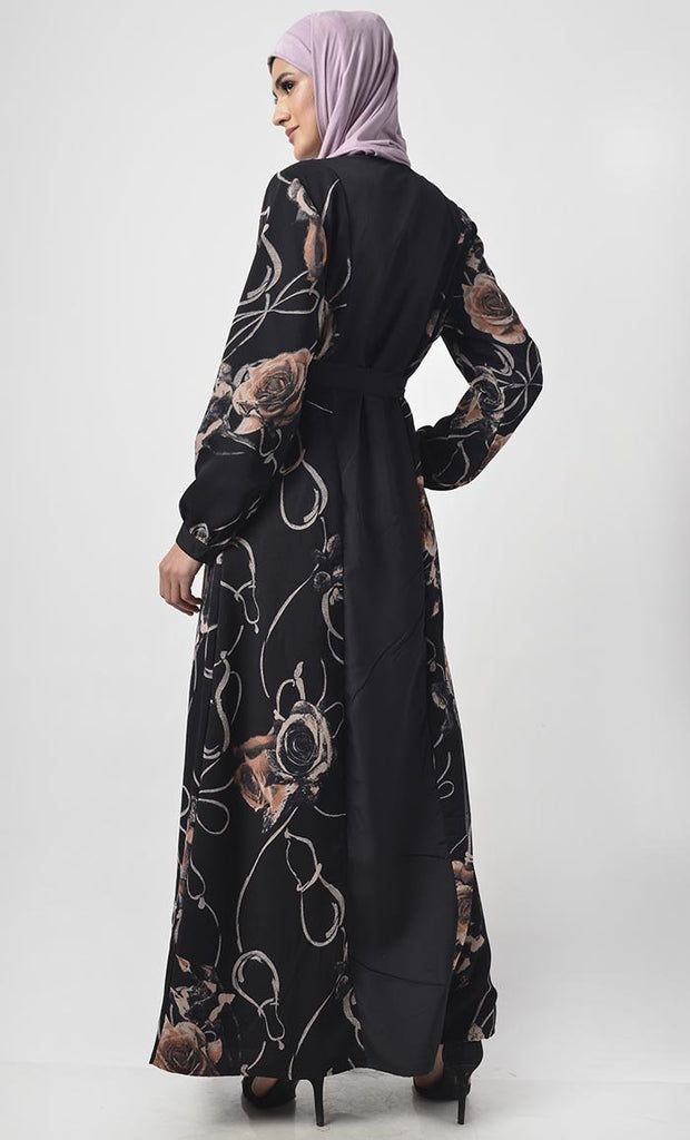 Front With Printed Panel Abaya With Pockets - EastEssence.com