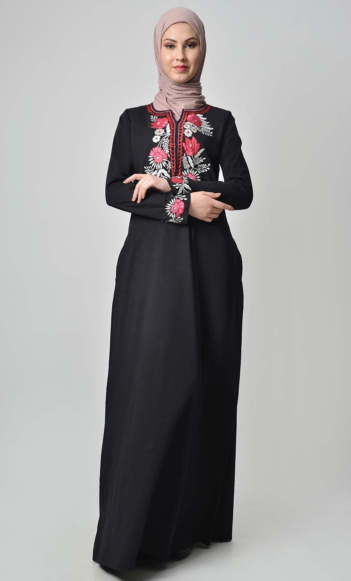Knitted Jersey Embroidered Abaya - Black