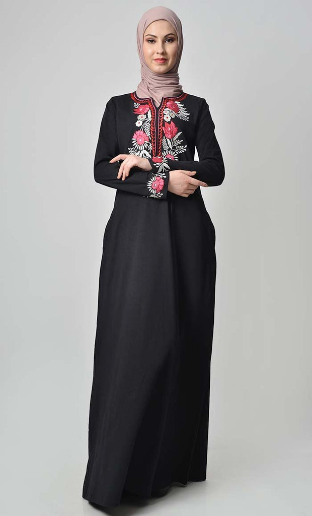 Knitted Jersey Embroidered Abaya Black