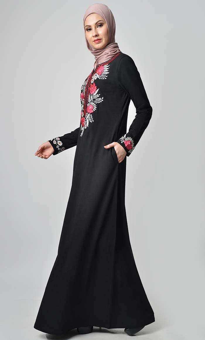 Knitted Jersey Embroidered Abaya Black
