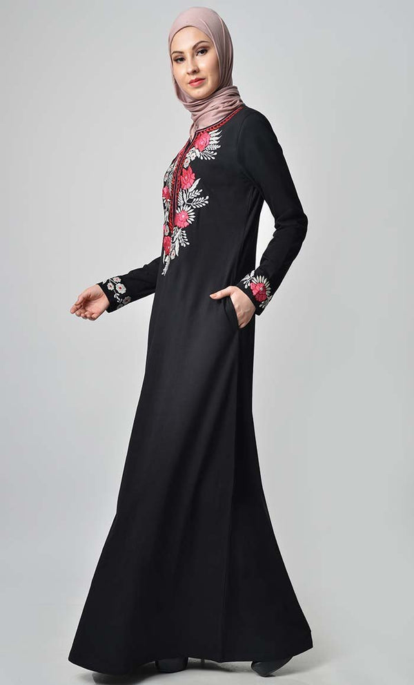 Knitted Jersey Embroidered Abaya Black
