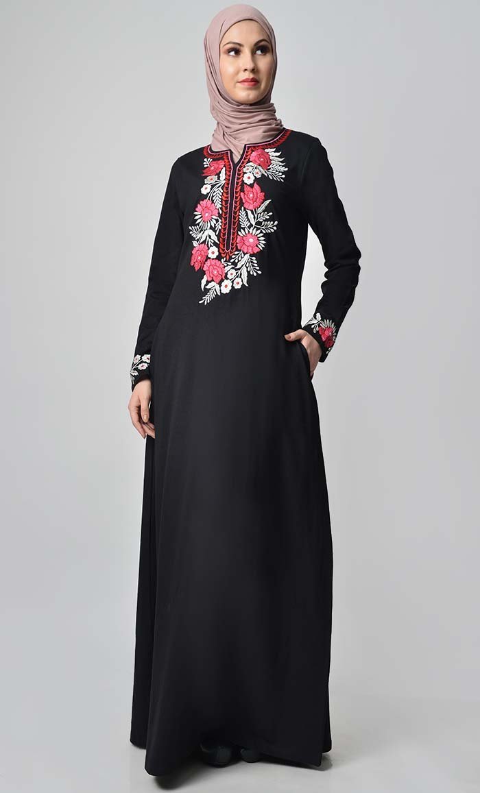 Knitted Jersey Embroidered Abaya Black