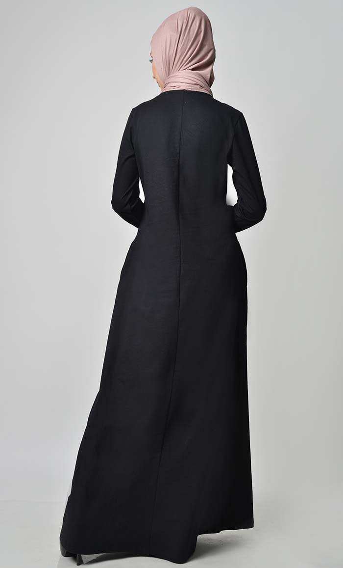 Knitted Jersey Embroidered Abaya Black