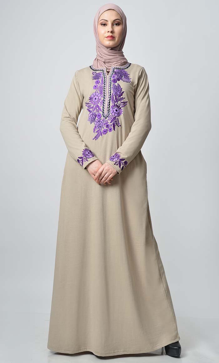 Garden Embroidered Abaya - Sand - EastEssence.com