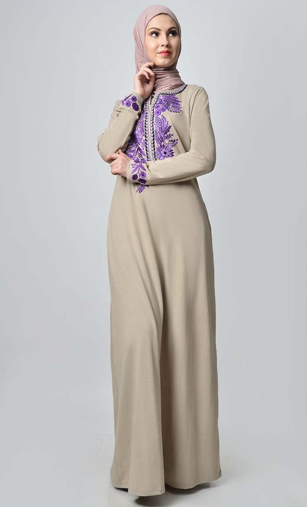 Garden Embroidered Abaya - Sand - EastEssence.com