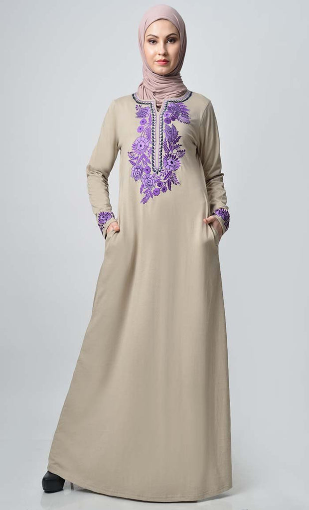 Garden Embroidered Abaya - Sand - EastEssence.com