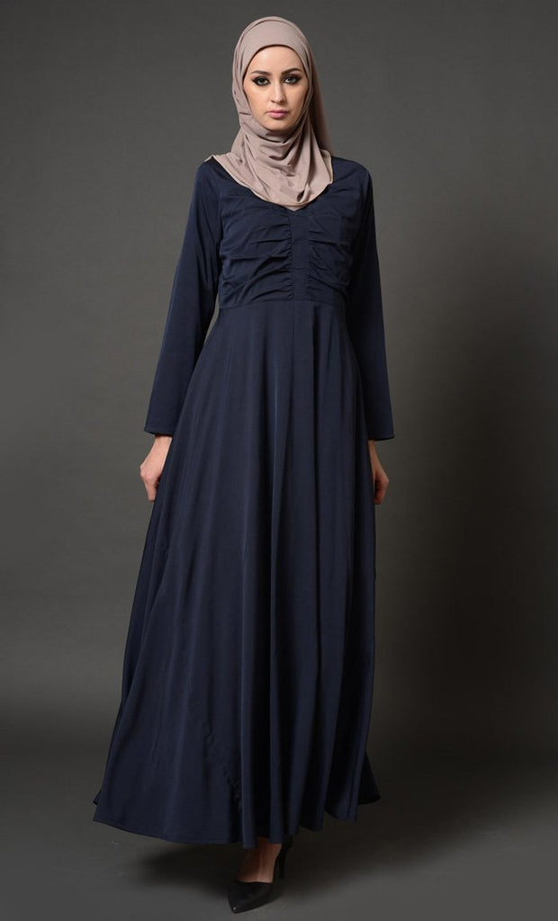 Gathers Detailed Front Yoke Flared Abaya Dress - EastEssence.com