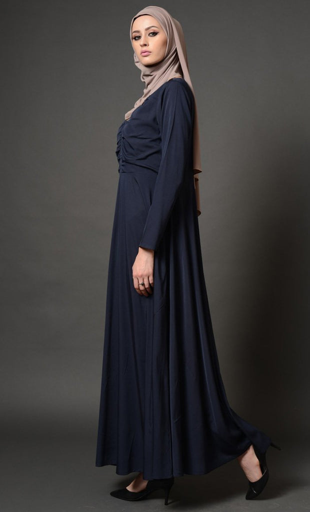 Gathers Detailed Front Yoke Flared Abaya Dress - EastEssence.com