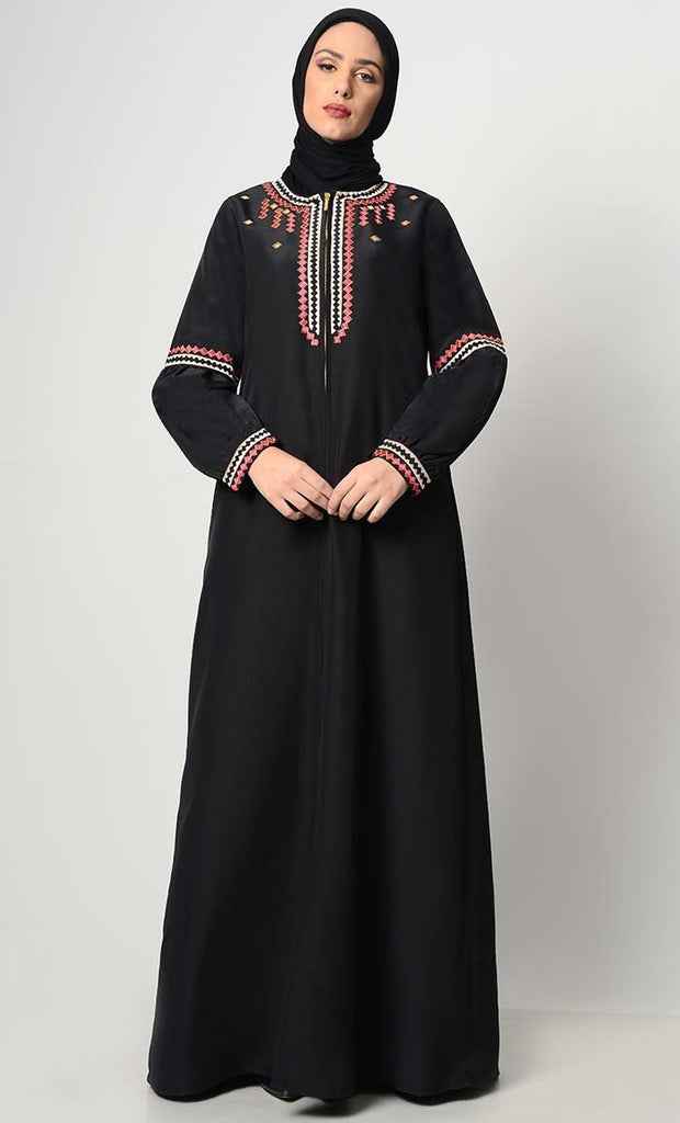 Geometric Embroidered Abaya-Black