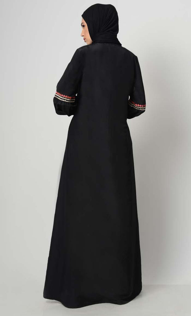 Geometric Embroidered Abaya-Black