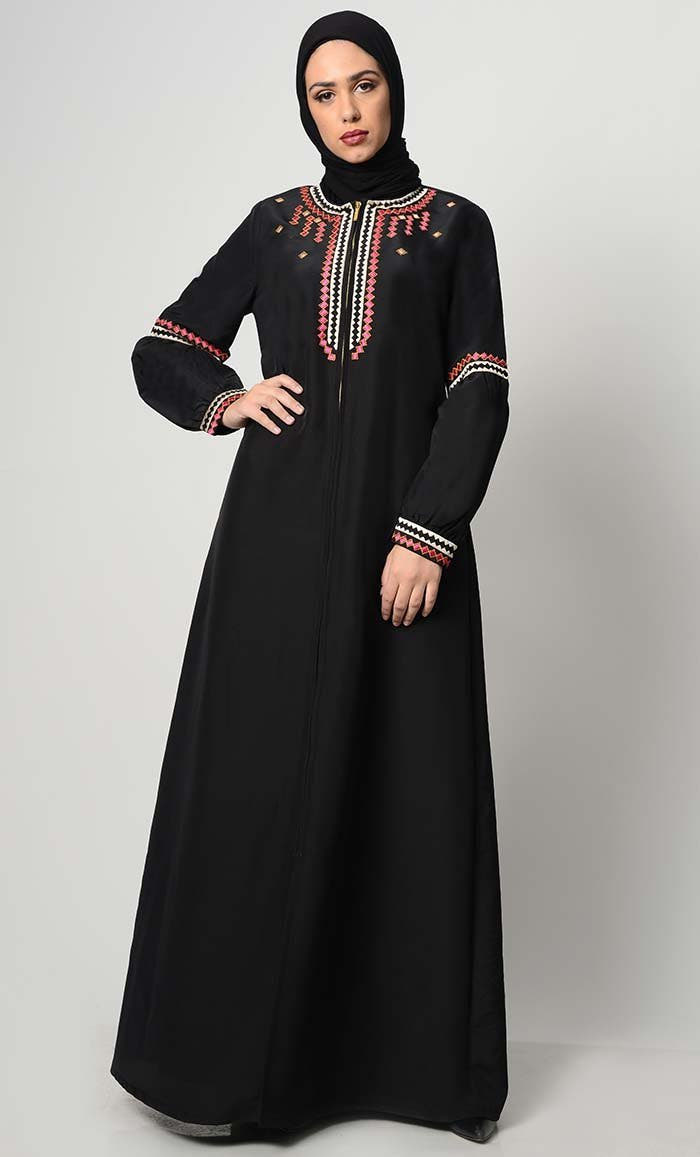 Geometric Embroidered Abaya – Black