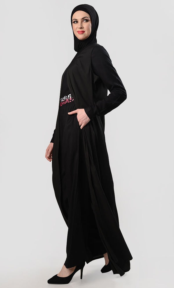 Geometric Embroidered Jumpsuit With Shrug - Black - EastEssence.com