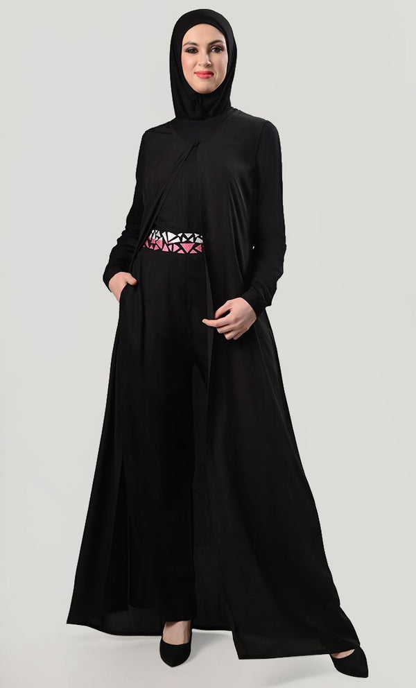 Geometric Embroidered Jumpsuit With Shrug - Black - EastEssence.com